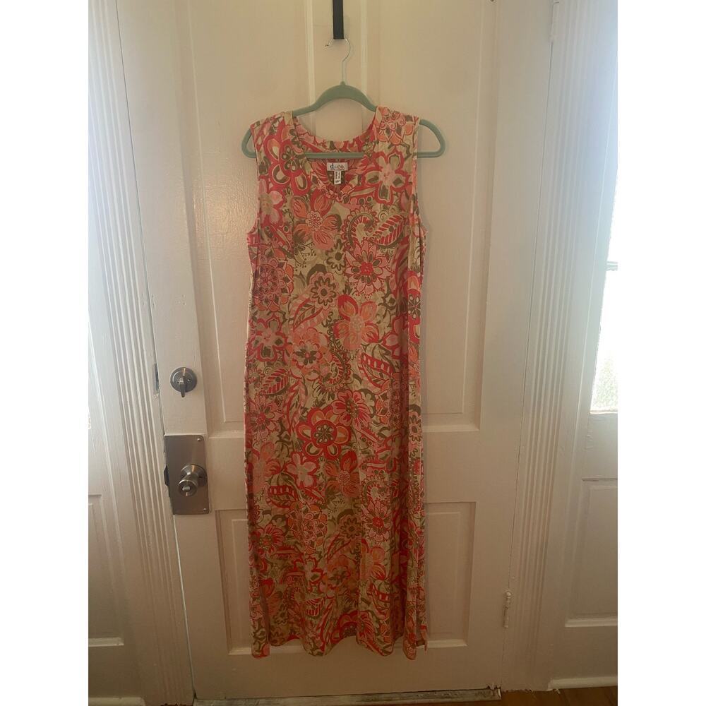 Women Denim and Co Size Large Long Sleeveless  Sundress VNeck Multi Color Soft
